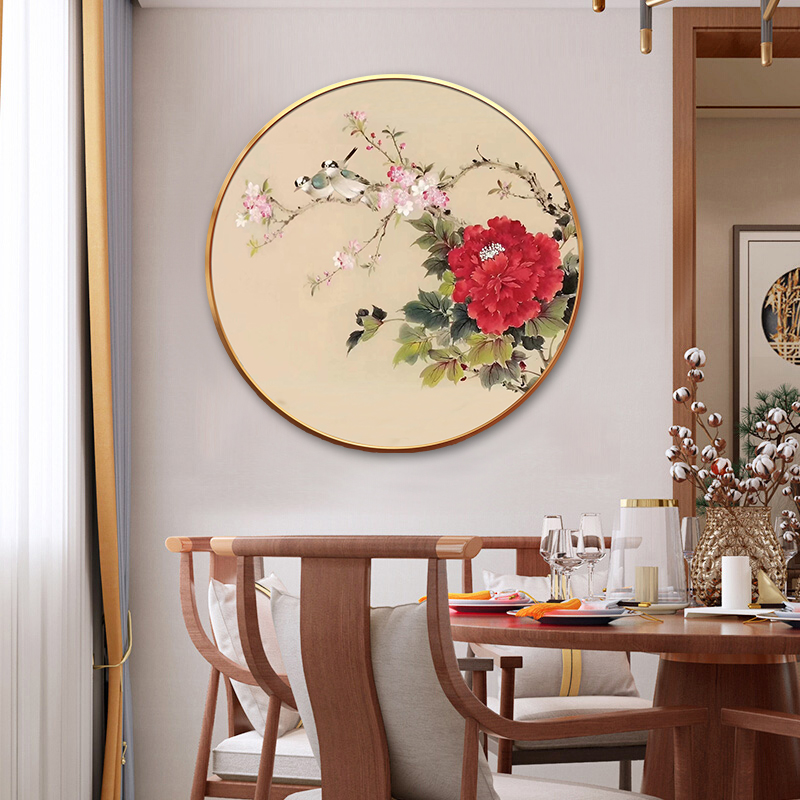 现货手绘花鸟油画新中式玄关圆形画餐厅过道卧室床头喜鹊牡丹装饰图片