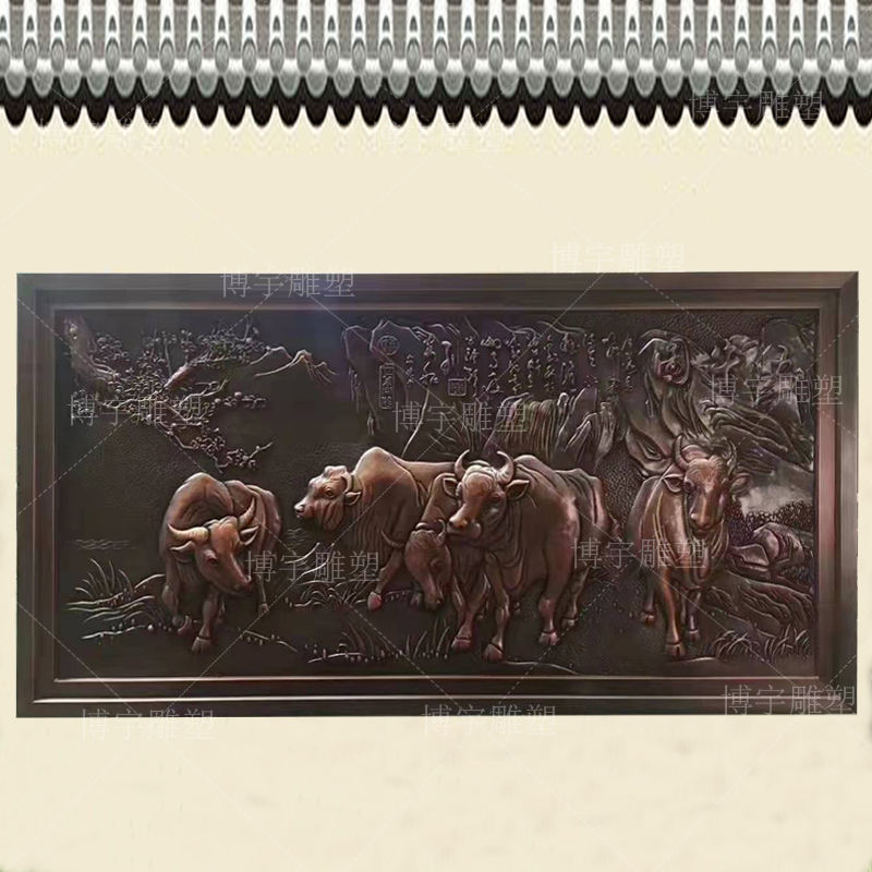 现货铜浮雕苍小路壁画背景墙锻铜瑞兽动物雕塑浮雕画紫铜黄铜装饰图片