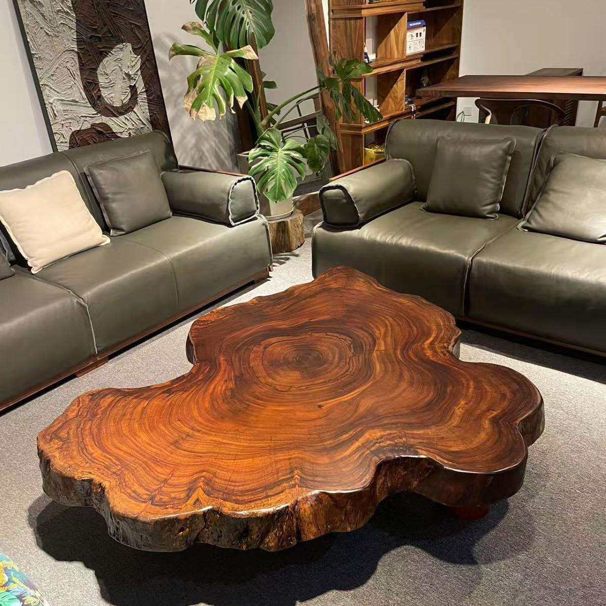 原木大板茶桌实木茶边几茶台小圆桌胡桃木客厅沙发乌金木圆盘整板