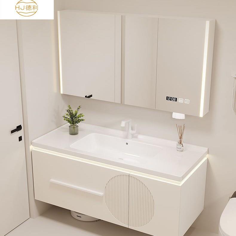 简约家用浴室柜组合陶瓷一体盆小户型卫生间洗手洗脸奶油风洗漱台