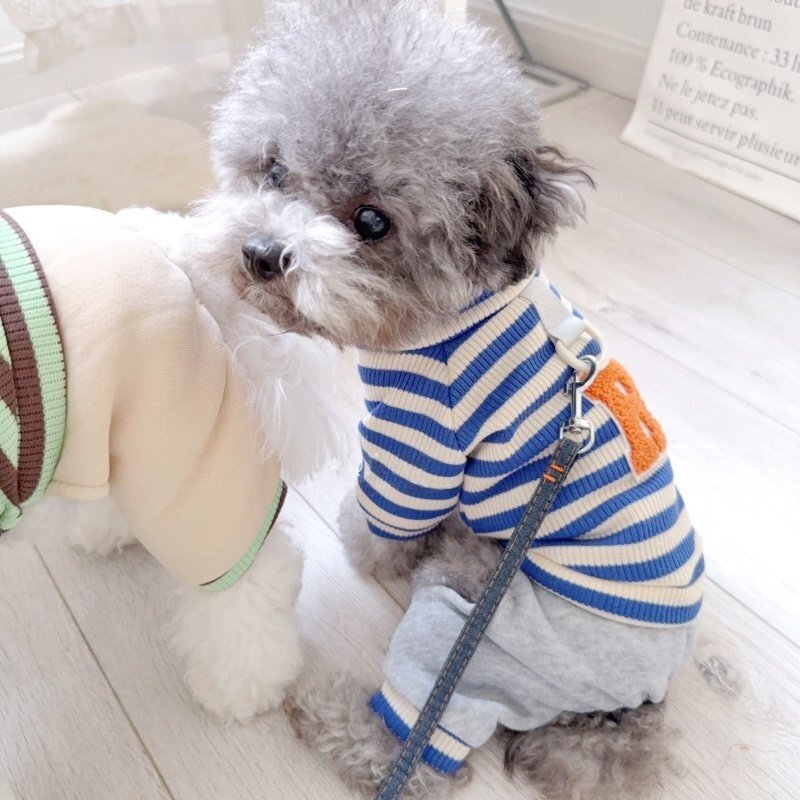 可牵引帅萌狗狗衣服春秋装四脚衣宠物比熊雪纳瑞泰迪猫咪可爱条纹