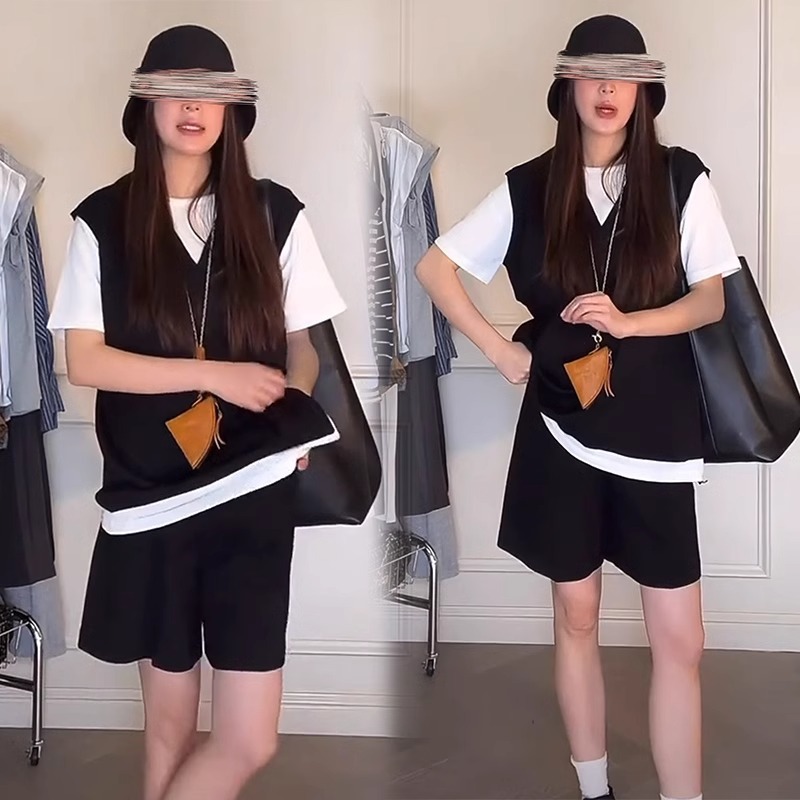 孕妇套装夏季2025新款韩版休闲运动套装假两件阔腿短裤套装女孕期
