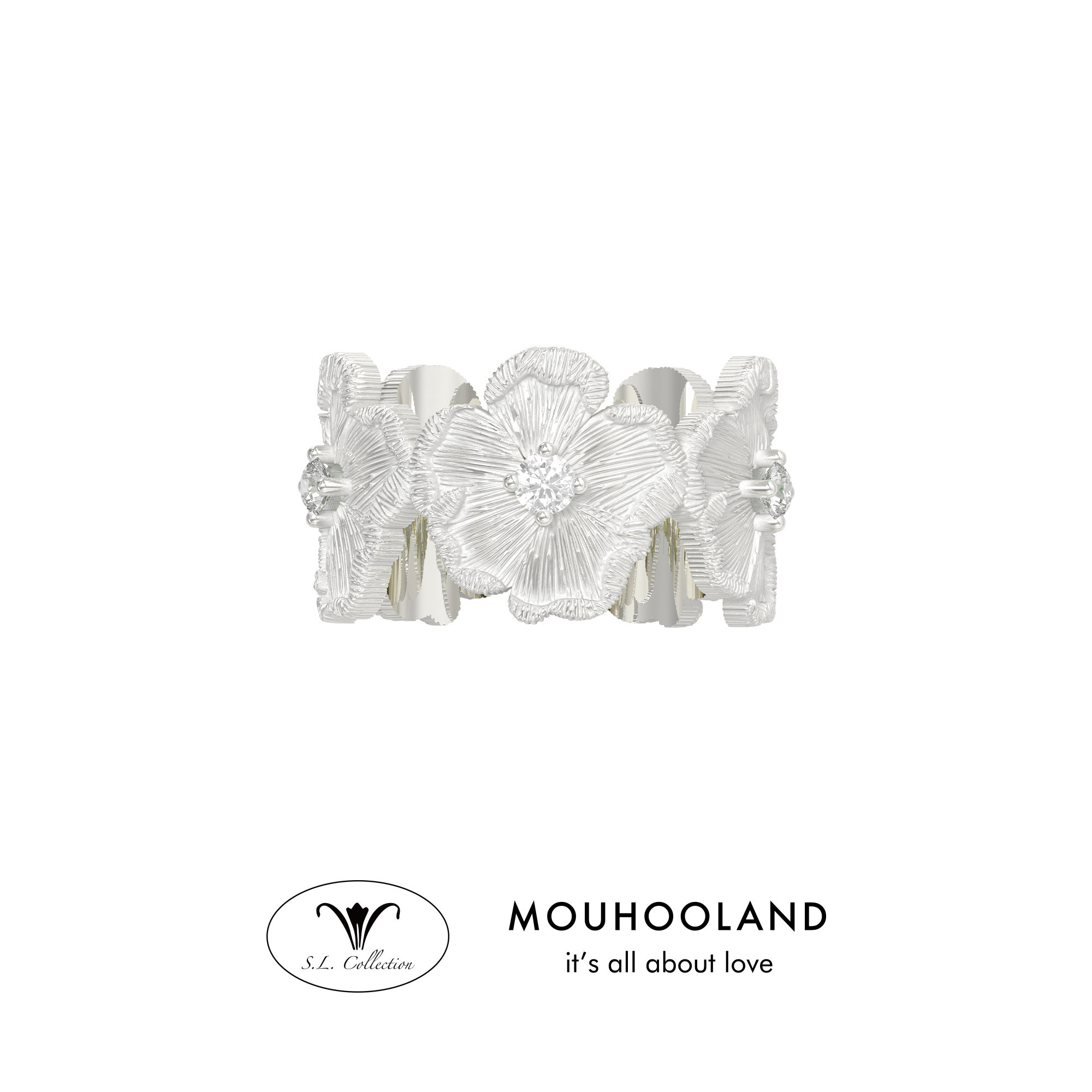 Mouhooland/暮后之地银标限定朱槿花刺绣小花戒指925银镶培育钻石