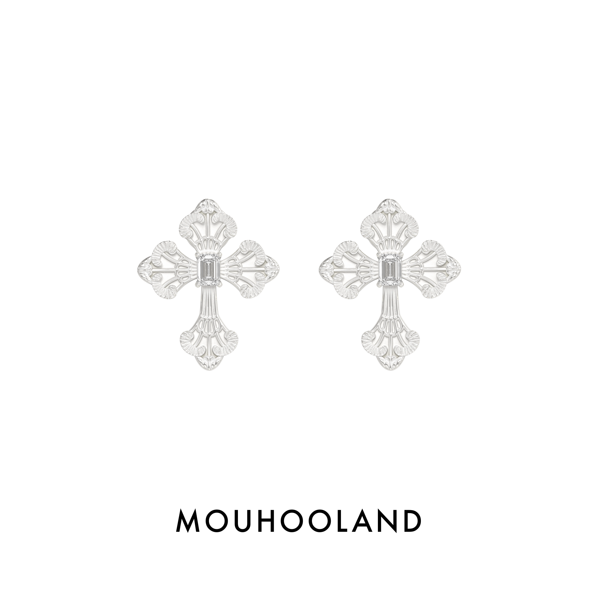 Mouhooland/暮后之地蕾丝浮雕十字耳钉925银针耳饰情侣款小众设计图片