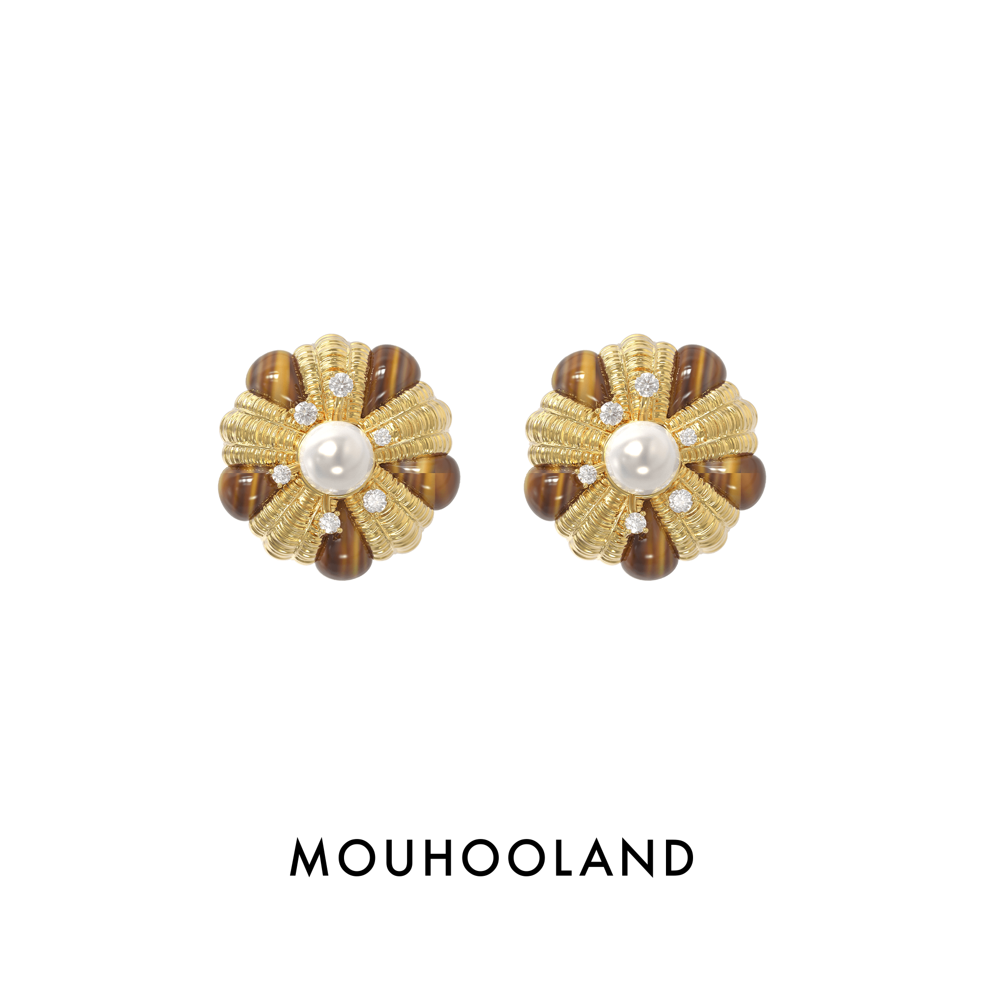 Mouhooland/暮后之地杏花系列虎眼石杏花编织耳钉925银针耳饰金色
