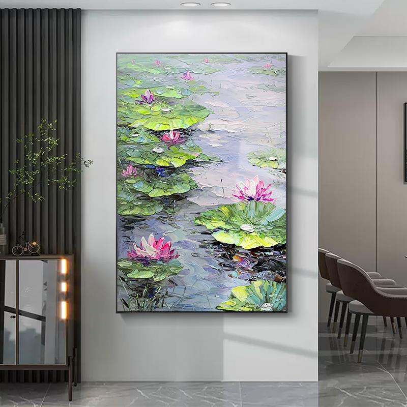 纯微喷晶瓷新中式玄关花卉装饰画睡莲挂画走廊过道背景墙荷花壁画图片