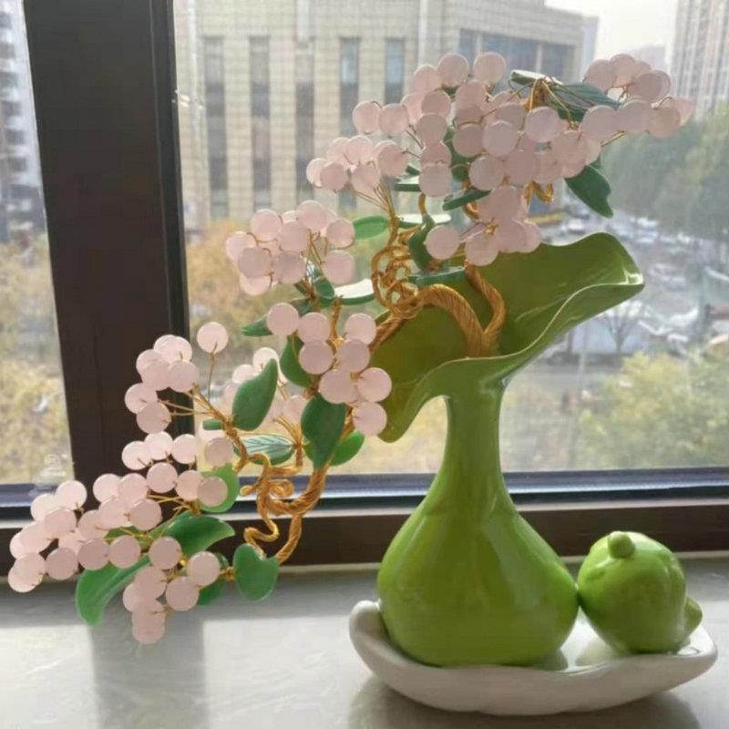 欧式梦幻粉水晶树发财树粉色玉髓玉果居家饰品盆景风水摆件