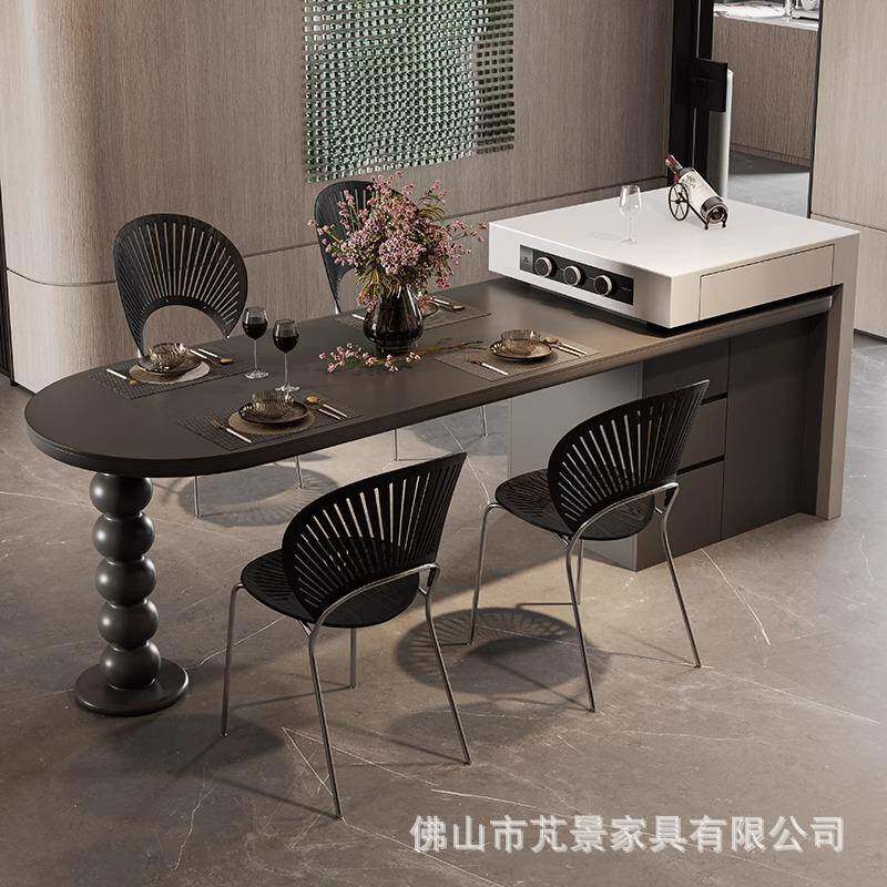 法式中古风可伸缩岛台餐桌一体家用小户型复古圆弧中岛台岩板餐桌