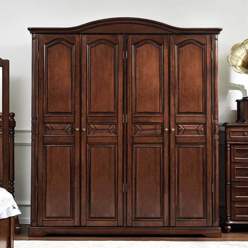 美式实木衣柜四门平开门家用卧室储物柜子对开门复古乡寸收纳衣橱