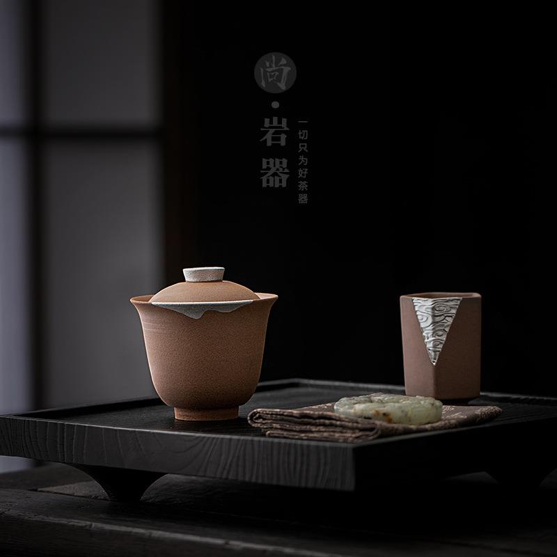 手工鎏银盖碗家用茶具泡茶碗茶杯创意陶瓷敬茶杯仿古粗陶泡茶器