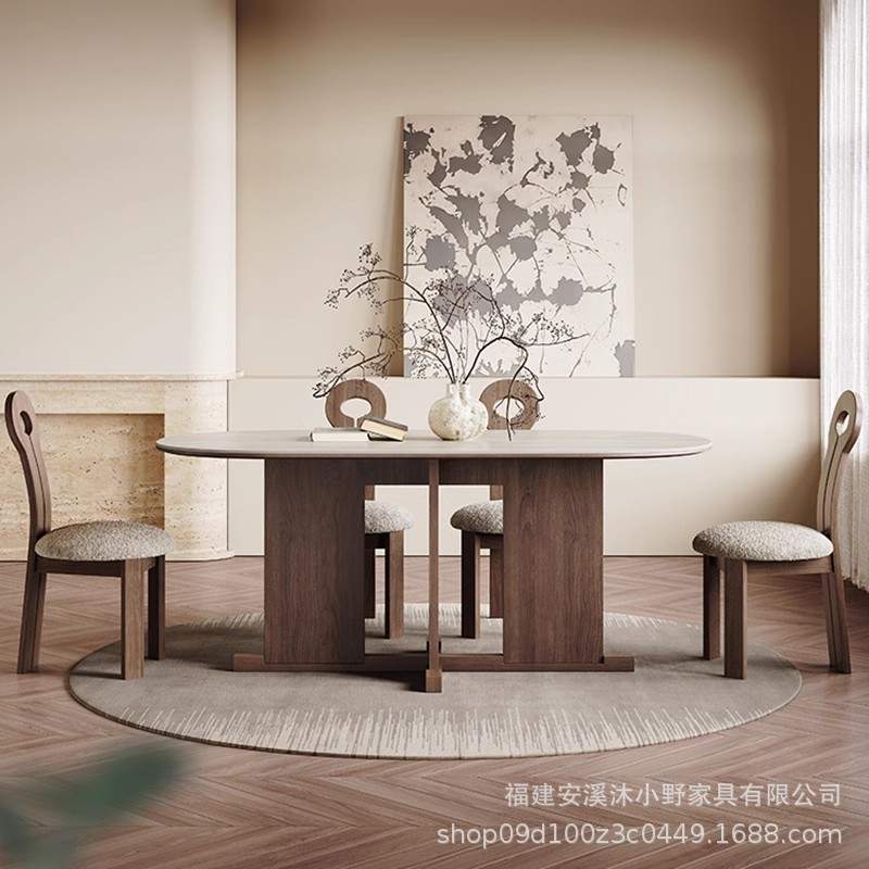小野有维长桌岩板轻奢高端黑色两用实木桌腿意式极简新中式餐桌