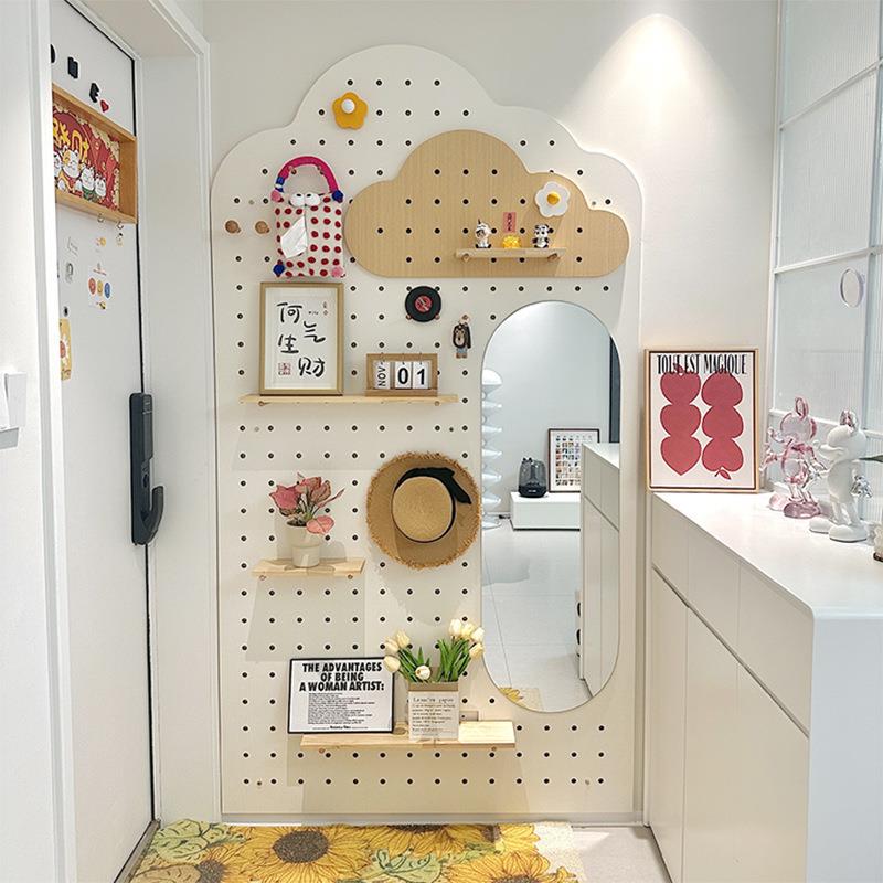 包邮玄关洞洞板带镜子全身镜挂墙墙面板入户实木置物架墙上展示架