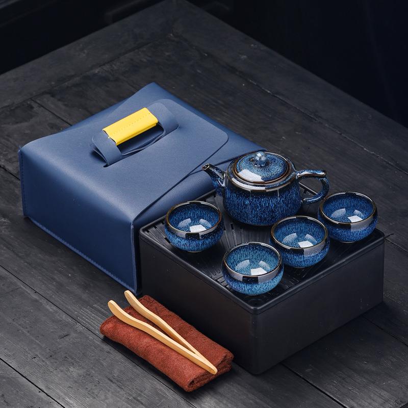 复古钧瓷窑变旅行茶具一壶四杯办公室轻松上手不易烫手杯过节送礼