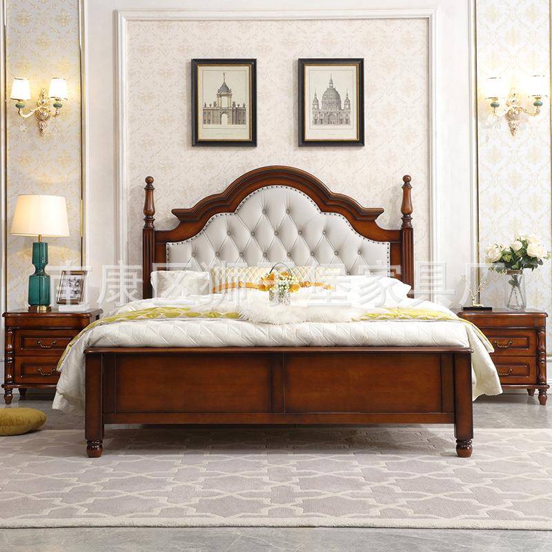 美式怀旧实木大床1.8米双人床皮质靠背婚床欧式罗马柱2m储物箱框