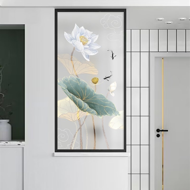 定制3d艺术玻璃屏风隔断墙简约现代客厅磨砂透光入户玄关鞋柜荷花
