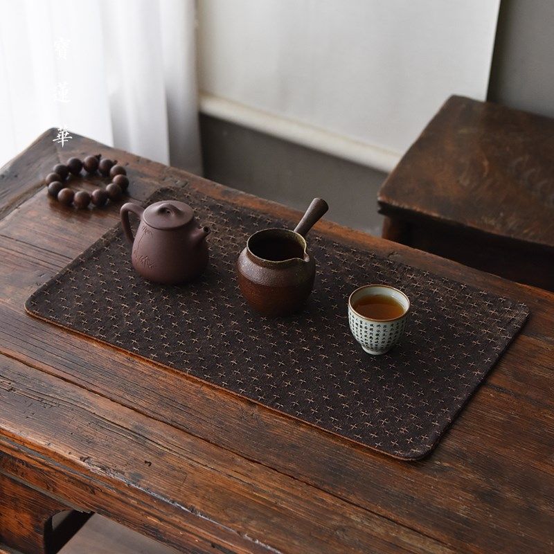 复古十字纹香云纱茶席 含丝干泡茶席布艺茶垫 隔热布垫茶杯垫壶垫