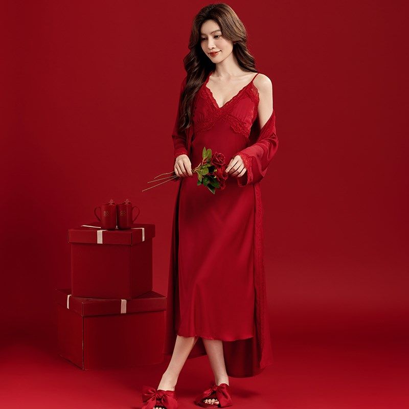 中长款红色新娘晨袍结婚家居服高级睡衣女冰丝绸睡裙带胸垫两件套