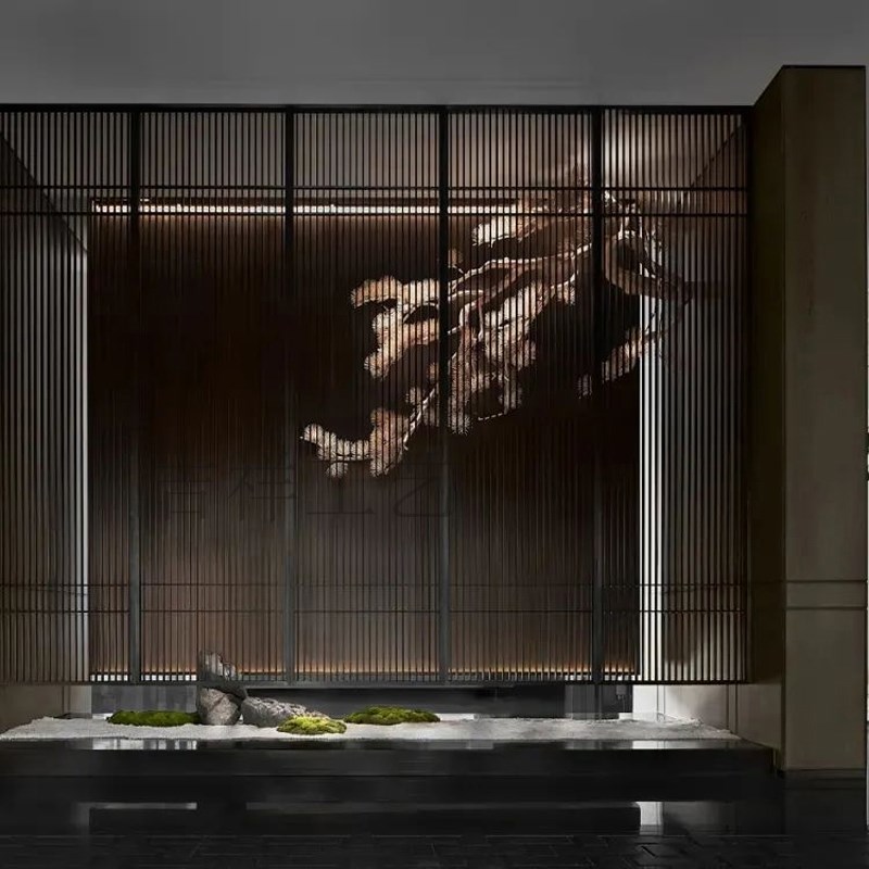 中式仿真迎客松木签倒挂松树入户玄关造景室内绿植物景观挂壁吊松