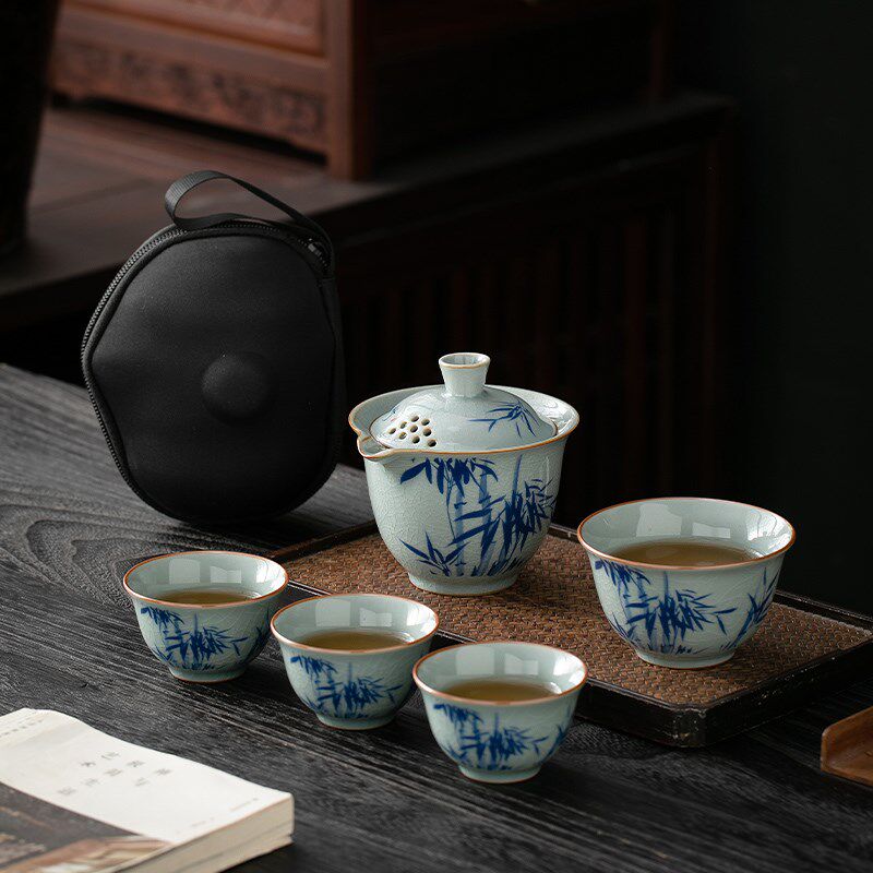 快客杯一壶一杯单个人专用手抓泡茶壶茶杯简易汝窑青花瓷茶具套组