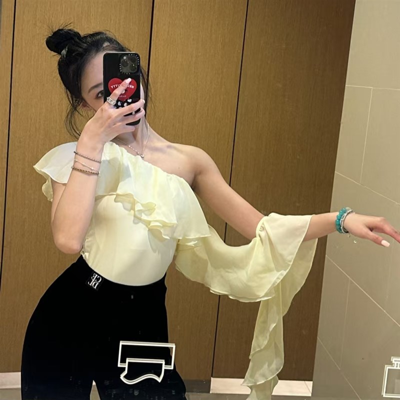 yixi舞服摩登舞服新款练功服演出服班服黑紫蓝绿斜肩荷叶边上衣女