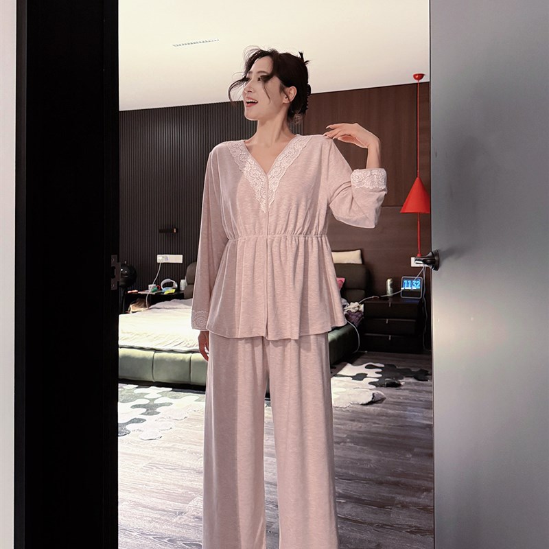doubleoo秋冬女自带胸垫家居服收腰v领蕾丝套装暖绒韩系显瘦睡衣