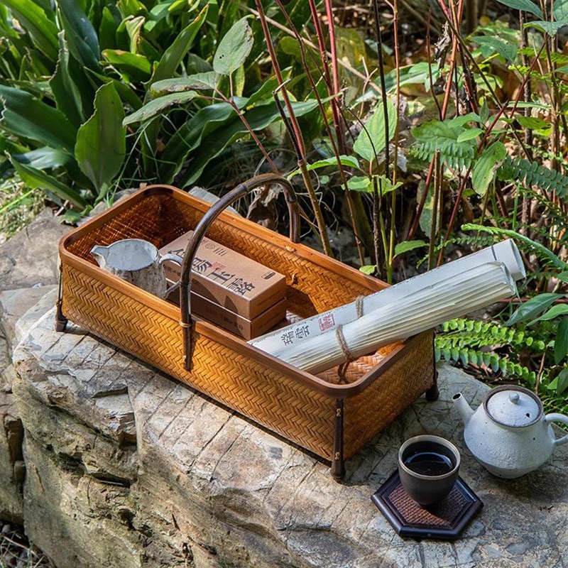 手工竹编手提篮茶具收纳筐筇竹提手复古点心篮竹篮子水果篮竹筐子