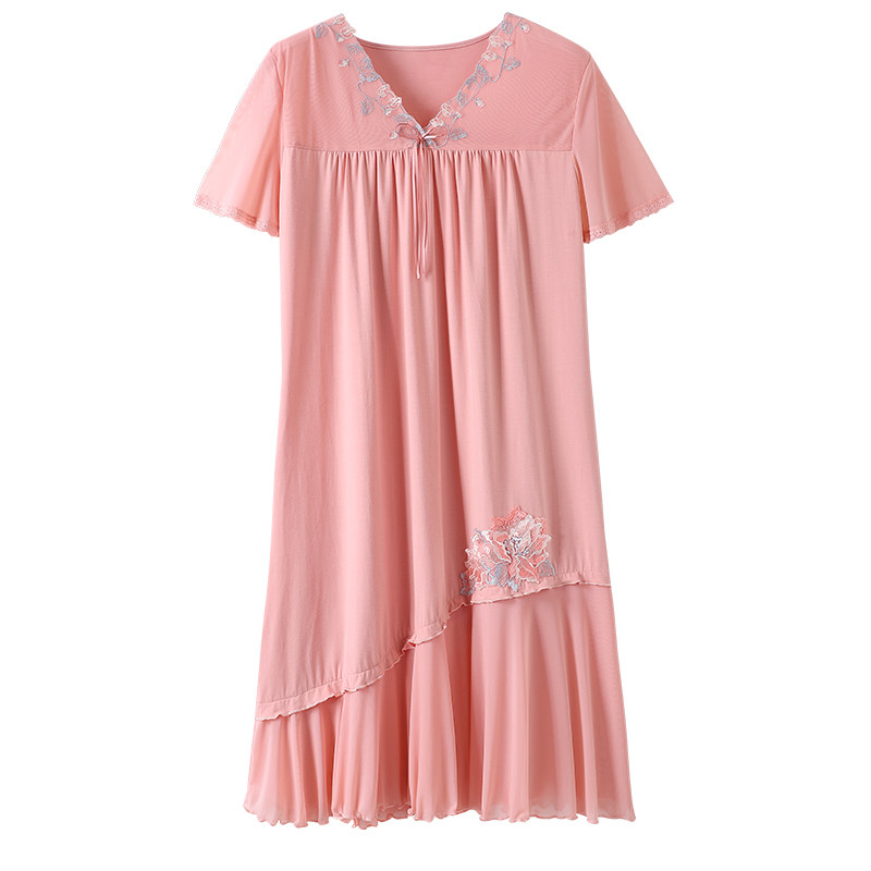 孕妇睡裙女士睡衣夏季短袖莫代尔棉绸长款家居服夏天薄款大码裙子