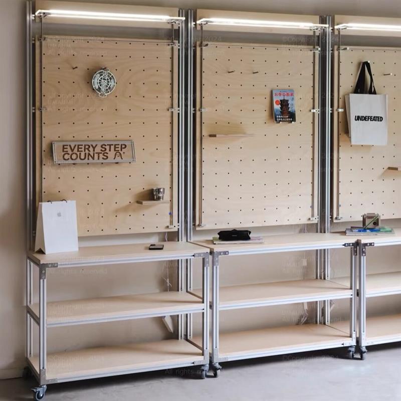 铝挤型材料展示架桦木洞洞板展示柜压克力不锈钢玻璃海洋板光轴置