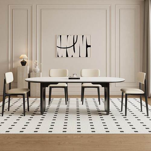 德利丰FAS白蜡木岩板餐桌黑色家用小户型法式中古风椭圆形饭桌子