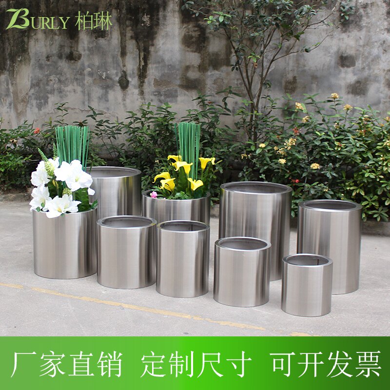 圆筒 仿真 租摆 不锈钢 软装 花卉绿植 女装道具 套盆 园艺鲜花