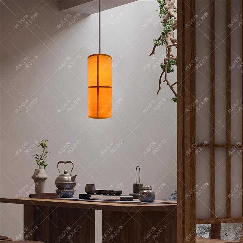 新中式复古饭厅吊灯中国风茶室吧台灯料理店木皮灯书房卧室床头灯