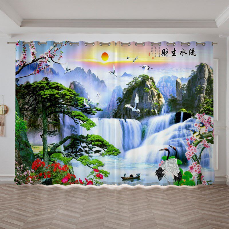 新中式山水风景画定制客厅会议工作室书房茶室玄关风水背景窗帘布