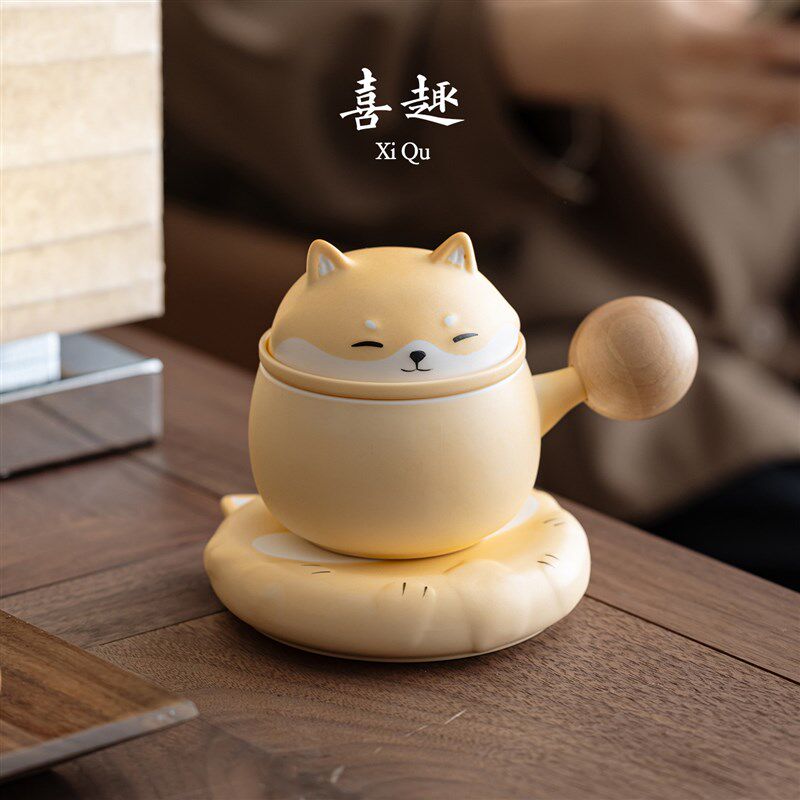 喜趣柴圆滚滚情侣对杯茶水分离陶瓷泡茶杯可爱卡通茶杯办公杯送礼
