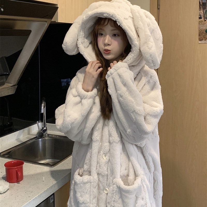 加厚珊瑚绒睡衣套装 2025新款甜美萌系长袖连帽睡袍 女款冬季家居