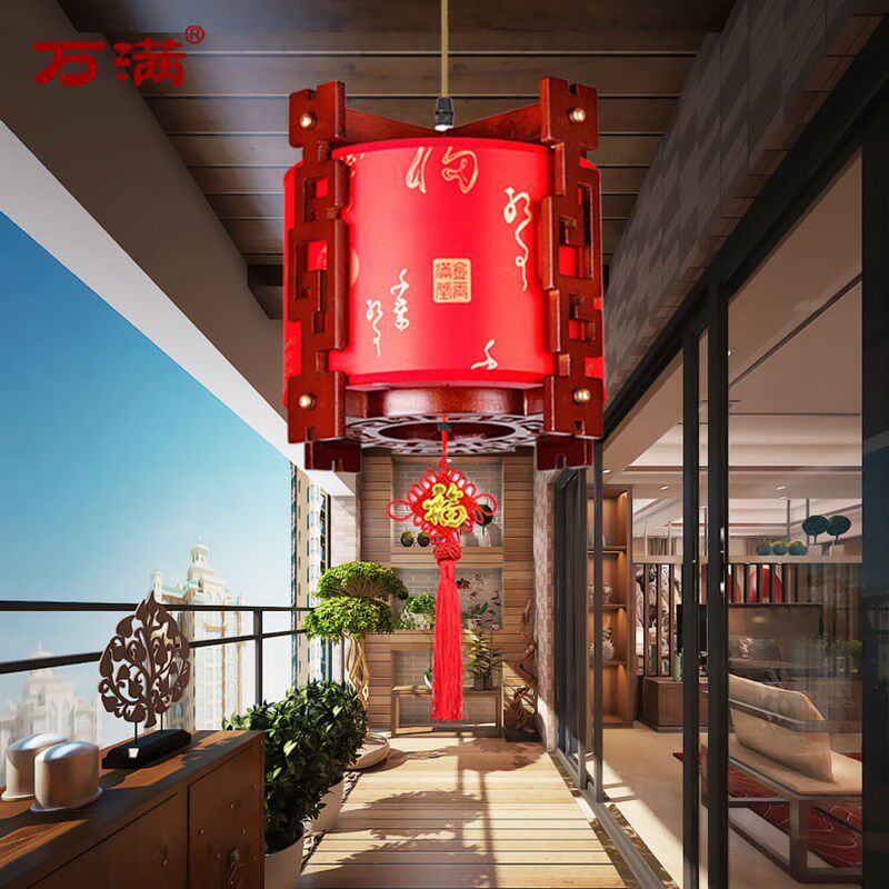 中式吊灯阳台过道走廊茶楼实木吊灯喜庆乔迁红灯笼led仿古羊皮灯