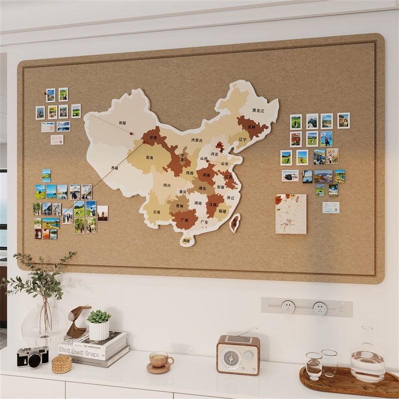 复古风毛毡照片墙3d立体地图墙贴客厅装饰画中国旅行足迹打卡墙贴