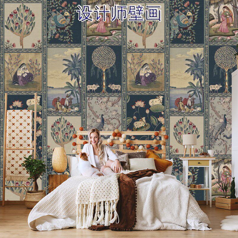 欧式复古背景墙壁布高级感沙发墙布植物人物拼图墙纸卧室壁纸壁画