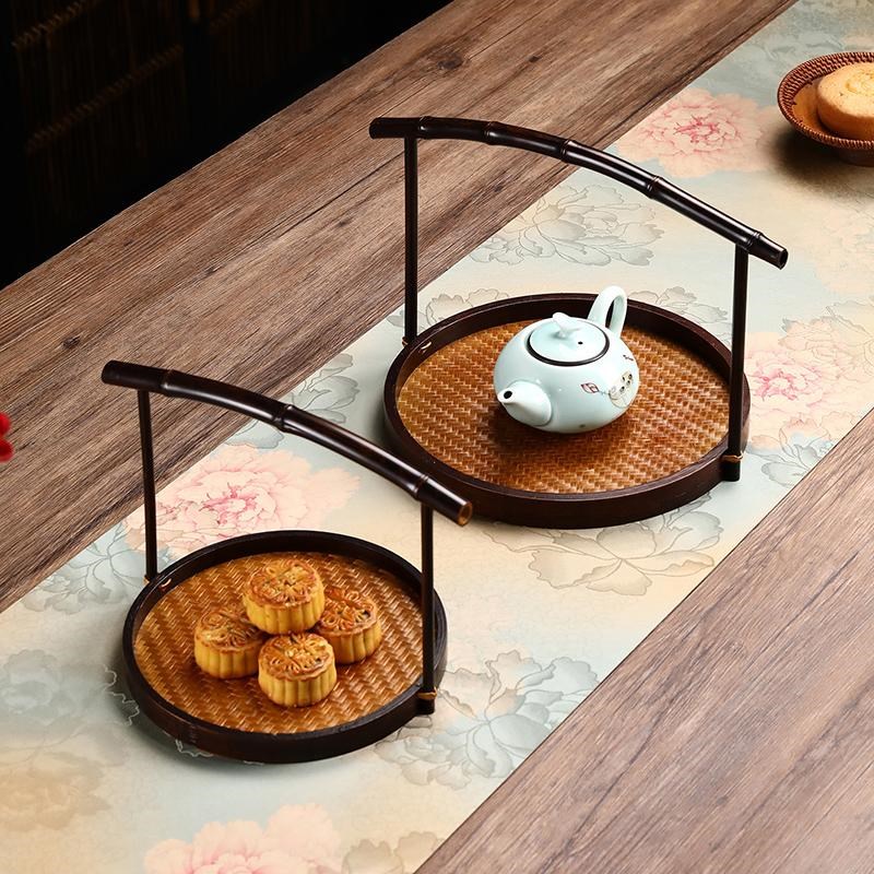 竹编手提圆盘手工篮茶具紫竹提手复古大漆点心篮竹篮子水果篮竹筐