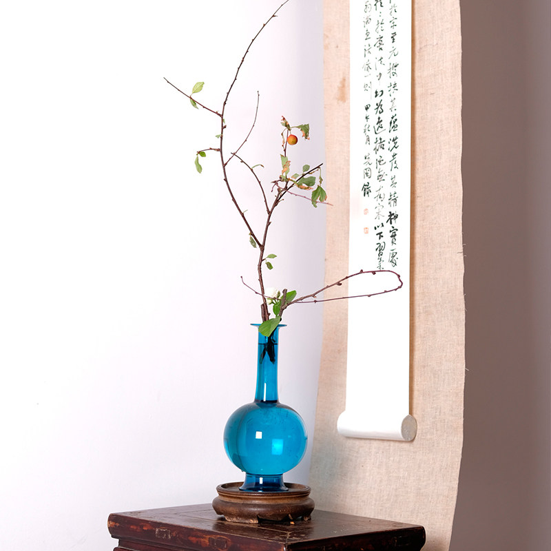 雀蓝色花瓶玻璃净瓶仿宋瓶仿古文人水培花器古典中式插花器皿空间