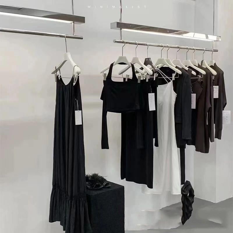 新款带灯吊架不锈钢吊顶架买手店女装店橱窗悬挂货架子服装店吊杆