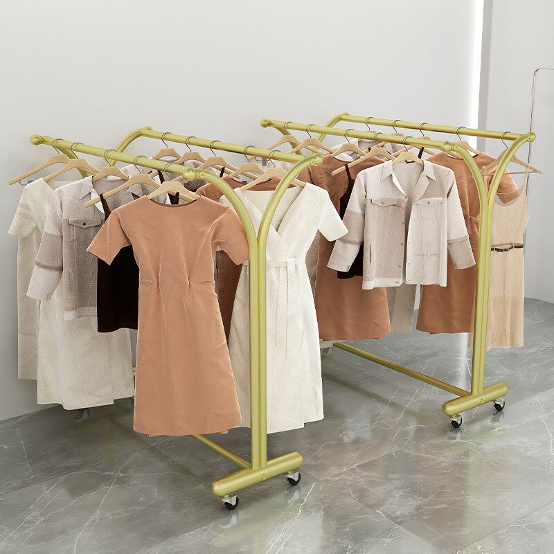 服装店展示架落地加粗双排杆挂衣货架可移动中岛架收纳衣帽架带轮