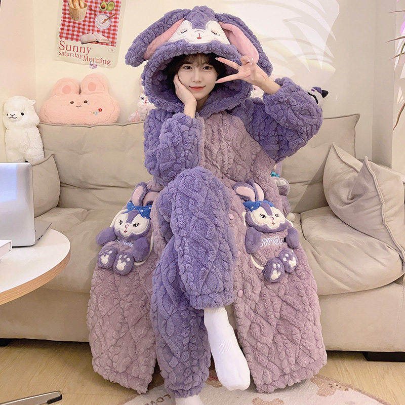 珊瑚绒睡衣女秋冬款加厚加绒三层夹棉袄冬季天长款睡袍家居服套装