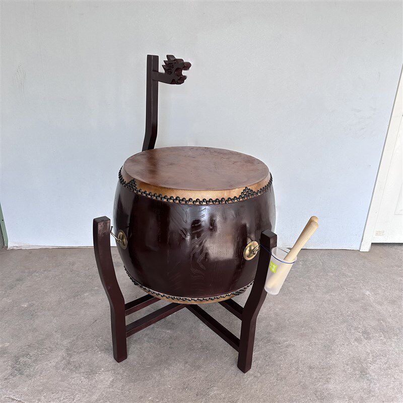 寺庙用鼓椿木黄牛皮铃钟鼓道场法器带帝钟实木鼓架诵经鼓佛具用品