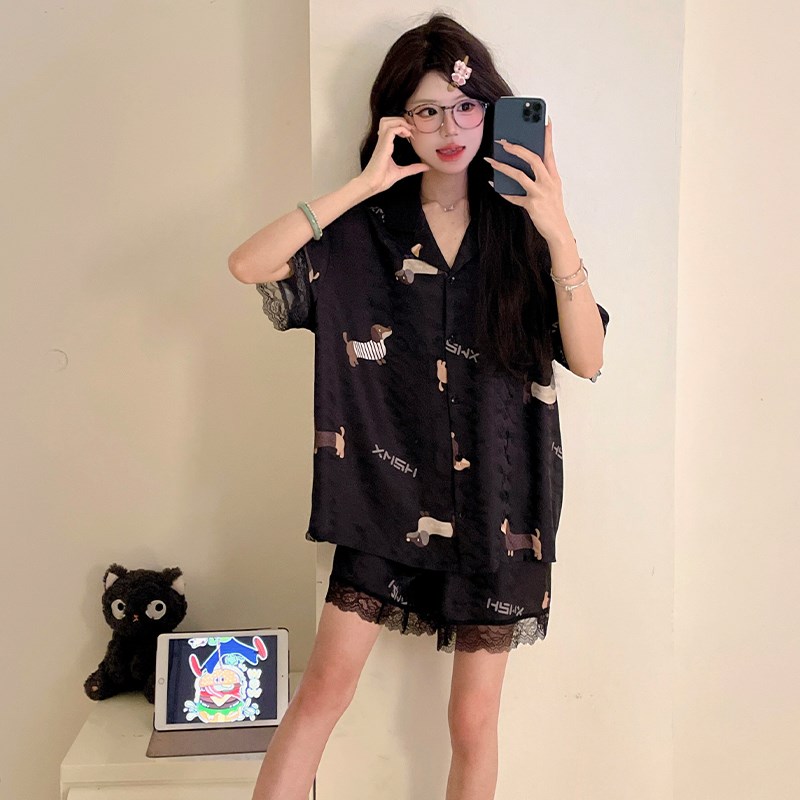 2025新款冰丝睡衣女士夏季短袖丝绸黑色蕾丝高级感家居服套装夏天