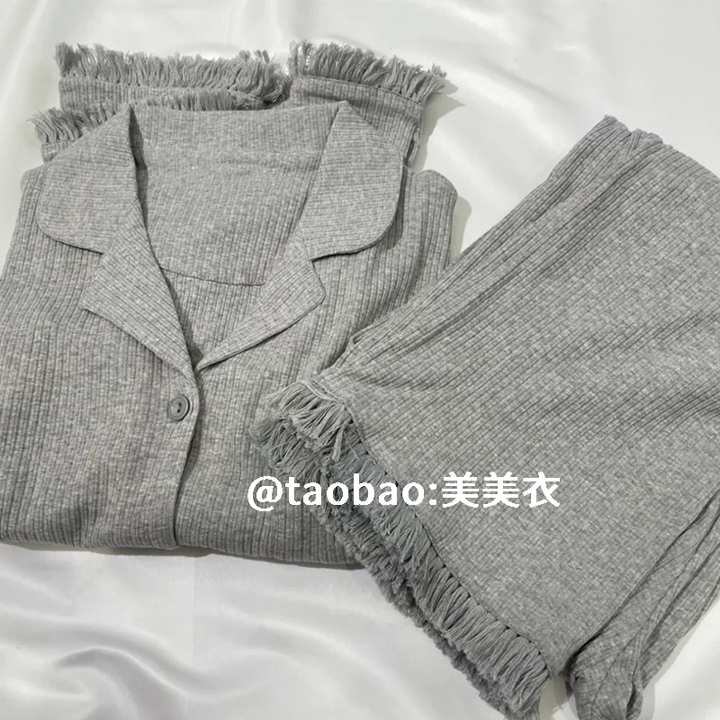 2025新款韩版情侣纯色睡衣女春秋长袖简约流苏高级感男家居服套装