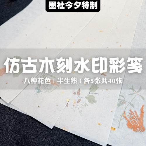 墨社今夕特制仿古木刻水印彩笺洒金皮纸8种花色40张一份