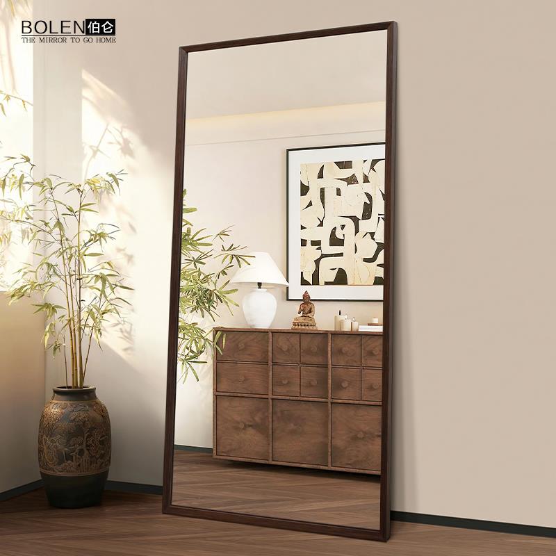 BOLEN 实木中古风穿衣镜子全身镜家用落地镜卧室衣帽间试衣镜防爆
