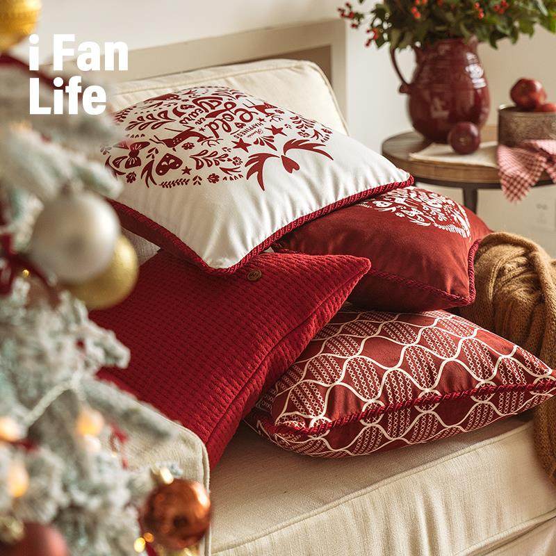 范店圣诞红色新年沙发抱枕客厅轻奢高级感卧室床头腰靠枕套不含芯