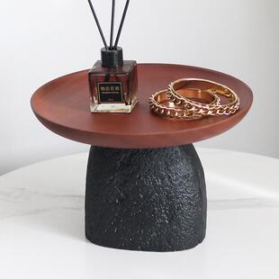 轻奢高脚仿石头底座实木果盘摆件样板间茶几餐桌面收纳盘软装饰品