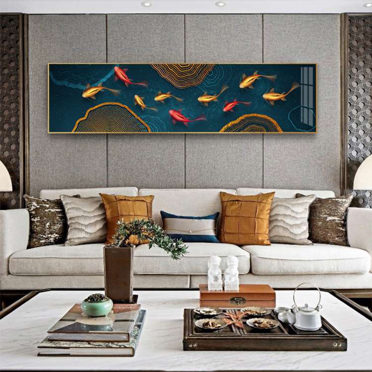 客厅装饰画新中式现代荷花九鱼图聚财风水招财壁画餐厅九条鱼挂画图片